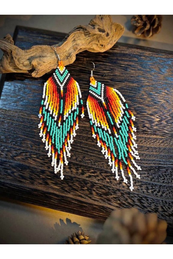 Handmade Beaded Tassel Dangle Earrings In Blue Gradient Boho Style