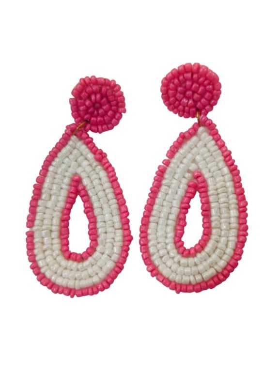QRIXLOOM Handmade Beaded Teardrop Earrings for Women Pink Ivory Statement Drop Earrings Lightweight Fashion Jewelry Alloy Artificial Bead