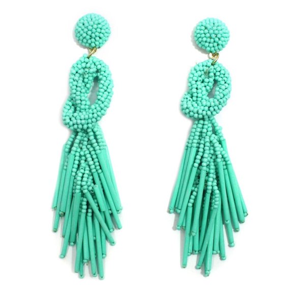 Handmade Beaded Turquoise Green Solid Color Post Statement Earrings 4 Inch