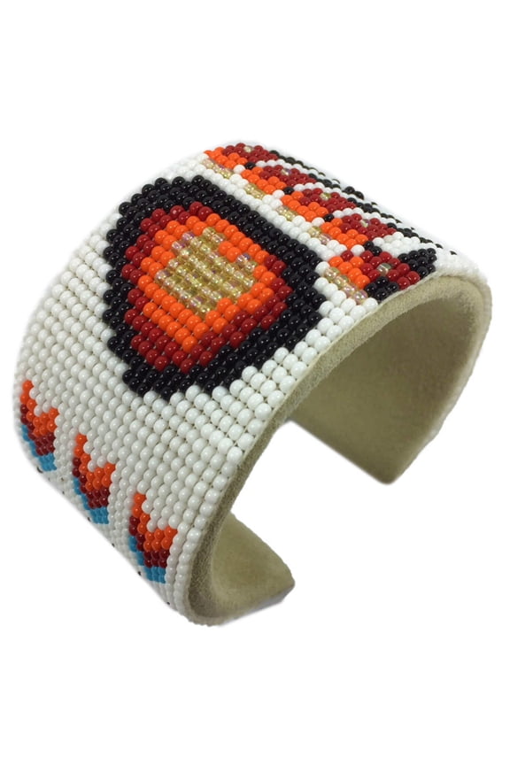 Handmade Beaded White Red Bear Paw Leather Cuff Bracelet