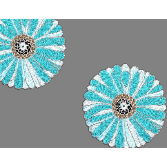 Handmade Beads Placemats, Sky Blue Flower Design Dining Table Mats, Beaded Charger Plate 13X13 Inches