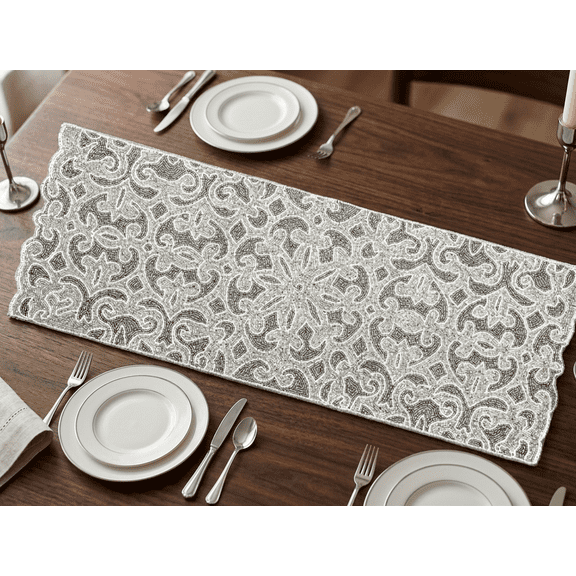 Handmade Beads Table Runner, Designer Grey and Silver Table Runner 13X36 Inch