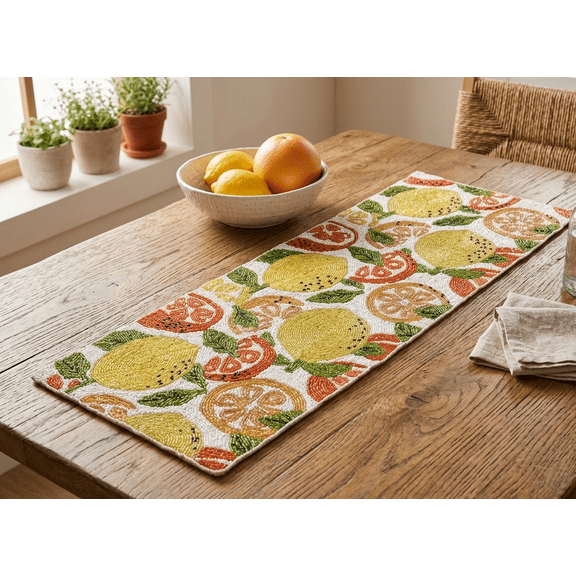 Handmade Beads Table Runner, Lemons Design Table Topper, Luxury Summer Tableware 13X36 Inch