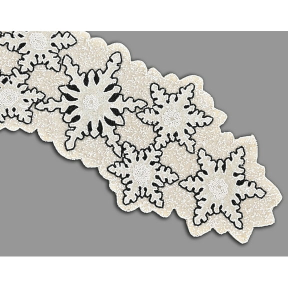 Handmade Beads Table Runner, Snow Flakes Design Table Runner, White And Black Table Topper 13X35 Inches