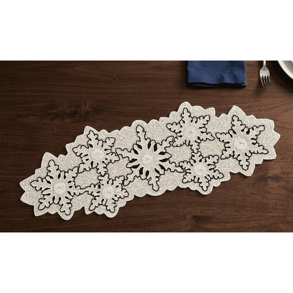 Handmade Beads Table Runner, Snow Flakes Design Table Runner, White And Black Table Topper 13X35 Inches