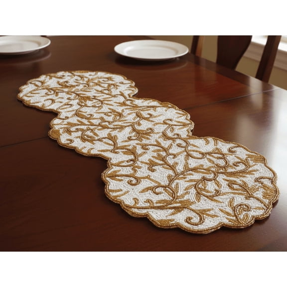 Handmade Beads Table Runner, White And Gold Table Runner, Designer Floral Table Topper 13X36 Inch