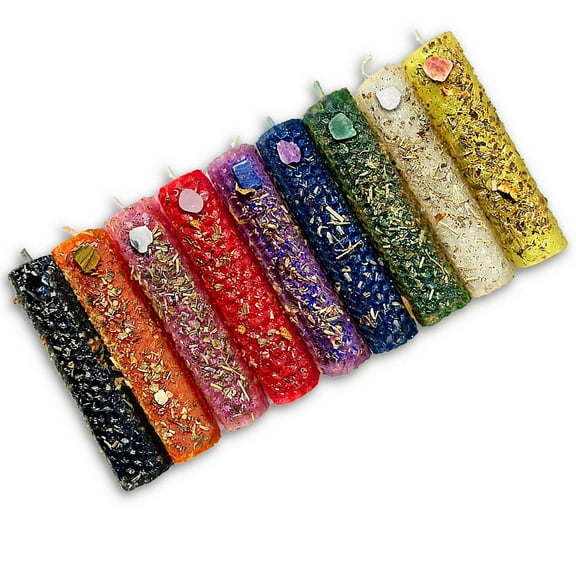 Handmade Beeswax Intention Candle Kit- 9 Manifestation Candle/Spell Candles with Attached Crystals for Love, Happiness, Protection & More for Rituals, Spells, Meditation, Manifesting and Wiccan Altar