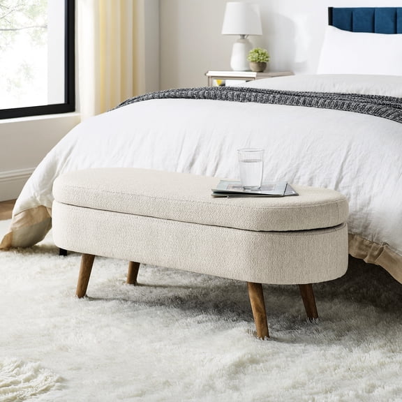 Handmade Beige Oval Storage Bench - With Linen Covering And Rubber Wood Legs Handcrafted Upholstery