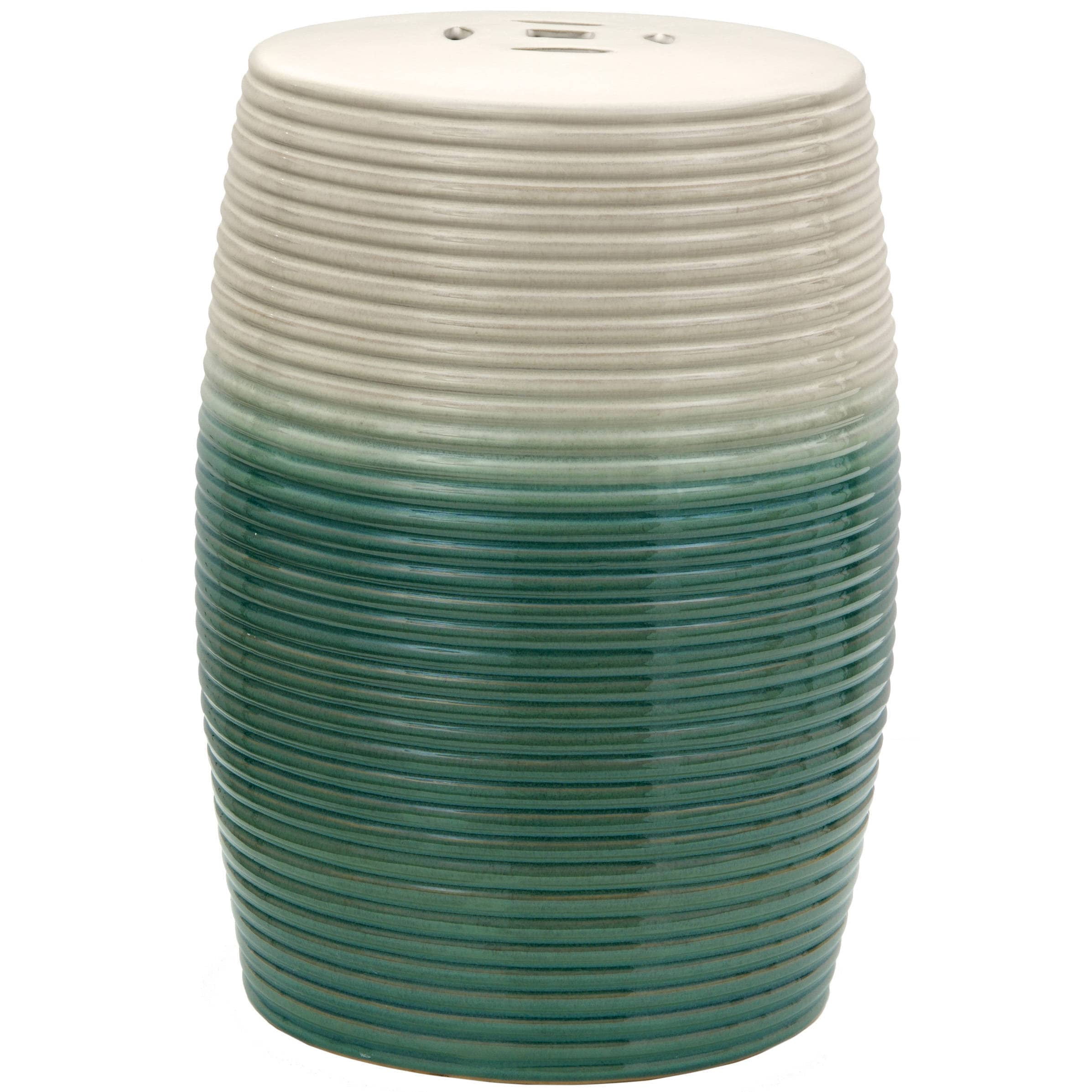 Handcrafted Beige and Green Ceramic Ribbed Accent Ottoman