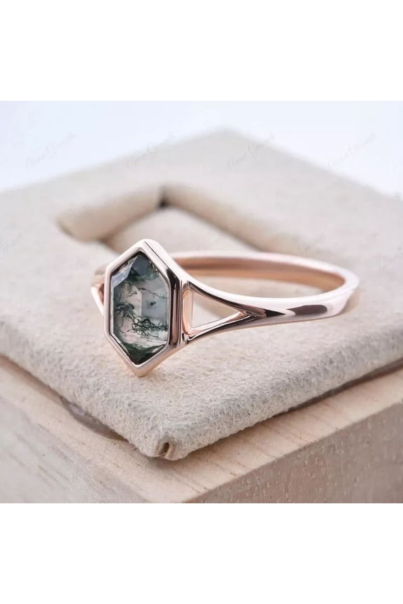 Bezel Setting Green Moss Agate Ring, Silver, Size 5.5