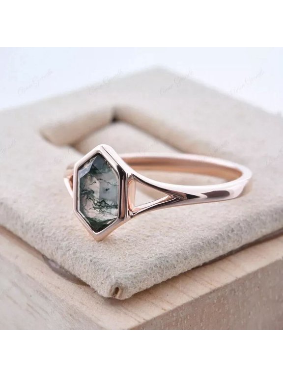 Bezel Setting Green Moss Agate Ring, Silver, Size 5.5