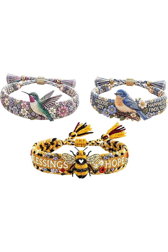 Handmade Bird Embroidered Bracelet Collection, Adjustable Floral Friendship Bracelet, Bluebird Hummingbird Bee Set