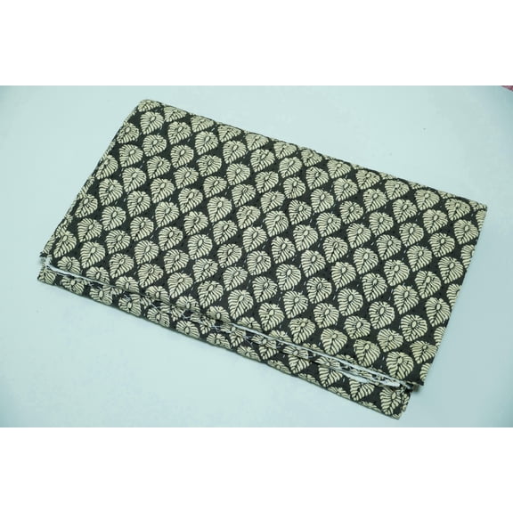 Handmade Black Beige Leaf Block Print Kantha Quilt, Cotton Bedspread from Jaipur, Soft Lightweight Bed Quilt for Modern Home Decor