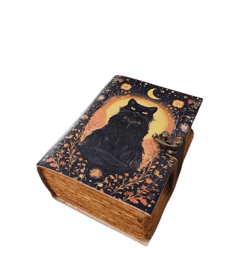 Handmade Black Cat Leather Journal 5x7” – 200 Pages Vintage Handmade Paper | Locking Notebook | Witchy Gifts | Festival & Holiday Gift Ideas