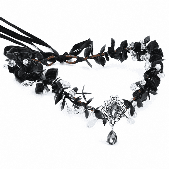 Handmade Black Flower Headband Dark Fairy Elf Crown, Crystal Floral Wreath Headpiece for Cosplay, Renaissance, Bridal Events, and Special Occasions