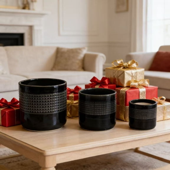 Handmade Black Glazed Ceramic Planter Set of 3 9 7 6 Inch Diameter Grid Pattern Porous Clay with Drainage Holes for Succulents Cacti Indoor Outdoor Shelf Table Use