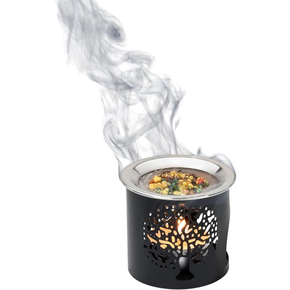 Handmade Black Iron Incense Burner/Incense Censer with Stainless Steel Sieve 2.36-Inch Height Featuring Tree of Life Motif Ideal for Aromatherapy and Tea Light Burning. Tealight Included
