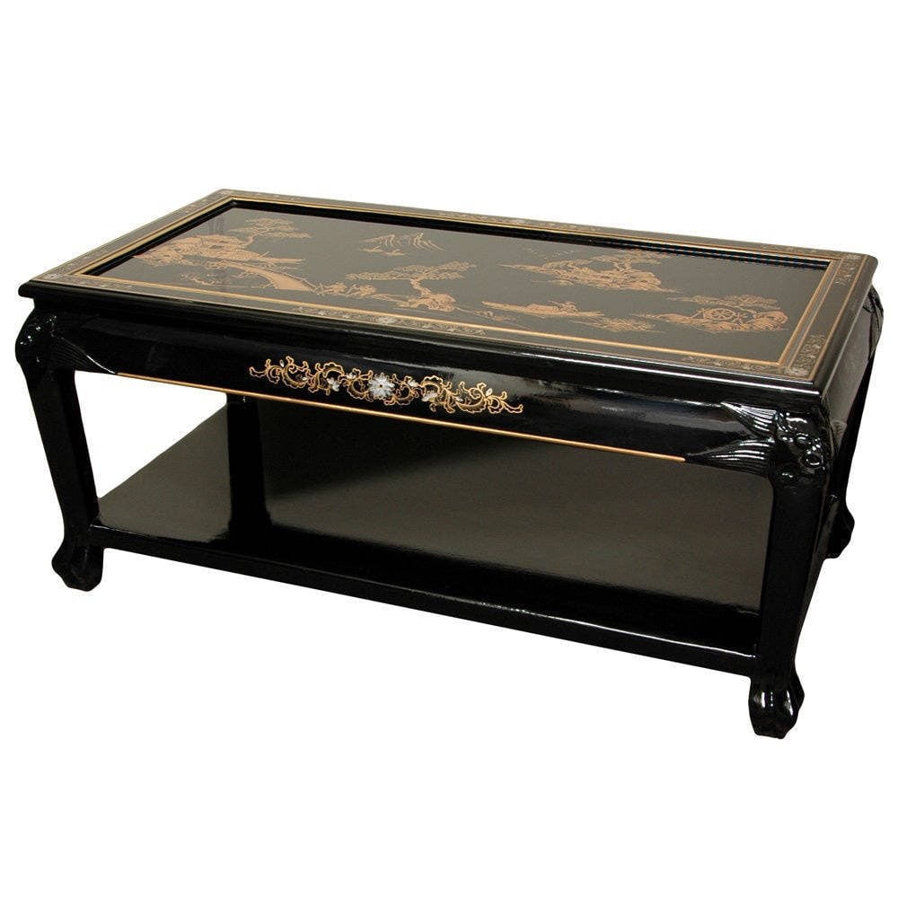 Elegant 40" Black Lacquer Wood Coffee Table with Oriental Landscape