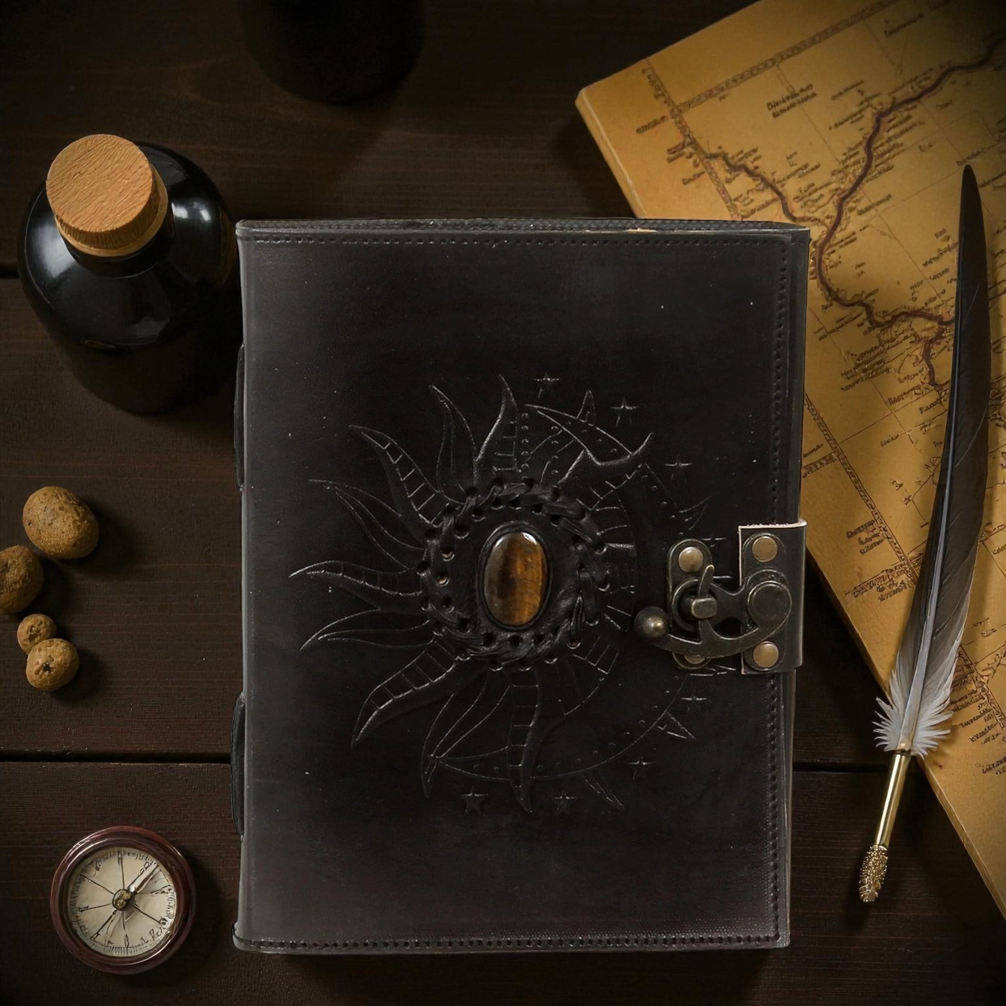 Handmade Black Leather Journal with Sun Embossed Design & Gemstone – 5x7 inch Vintage Notebook, 200 Deckle Edge Pages, Antique Metal Lock