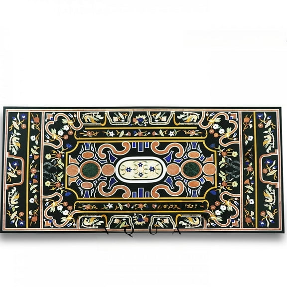 Handmade Black Marble Dining Table Semi Precious Stone Pietra Dura Inlay Work for a Unique Center Table and Art Piece
