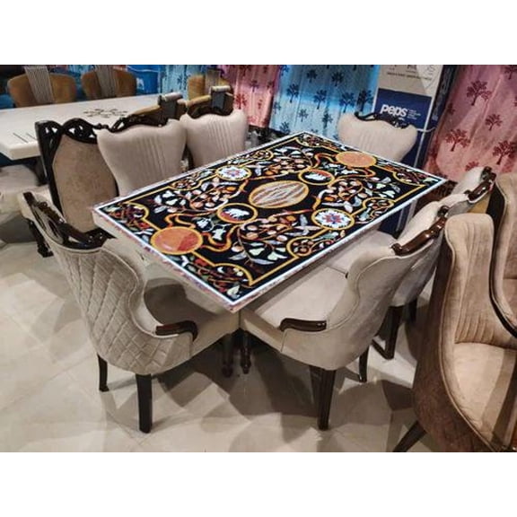Handmade Black Marble Dining Table Top with Semi-Precious Stone Inlay Work Pietra Dura Art Decor Elegant Luxury Handcrafted Tabletop-48x84 Inch