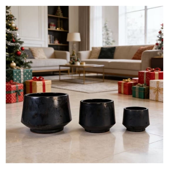 Handmade Black Matte Glazed Ceramic Planter Set of 3, 15/11/9 Inch Diameter, Textured Finish for Orchids & Begonias, Indoor/Outdoor Use on Windowsill & Bookshelf, Breathable Clay