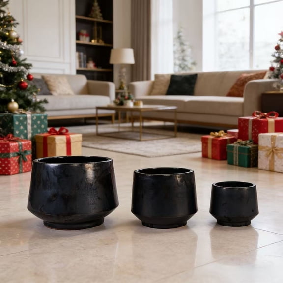Handmade Black Matte Glazed Ceramic Planter Set of 3, 15/11/9 Inch Diameter, Textured Finish for Orchids & Begonias, Indoor/Outdoor Use on Windowsill & Bookshelf, Breathable Clay