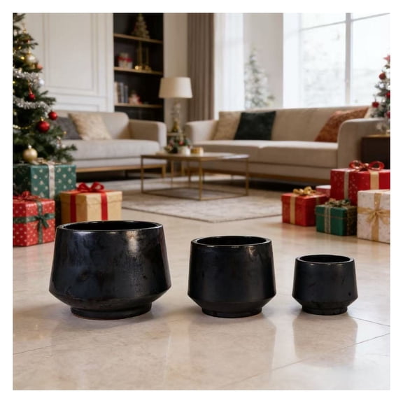 Handmade Black Matte Glazed Ceramic Planter Set of 3, 15/11/9 Inch Diameter, Textured Finish for Orchids & Begonias, Indoor/Outdoor Use on Windowsill & Bookshelf, Breathable Clay