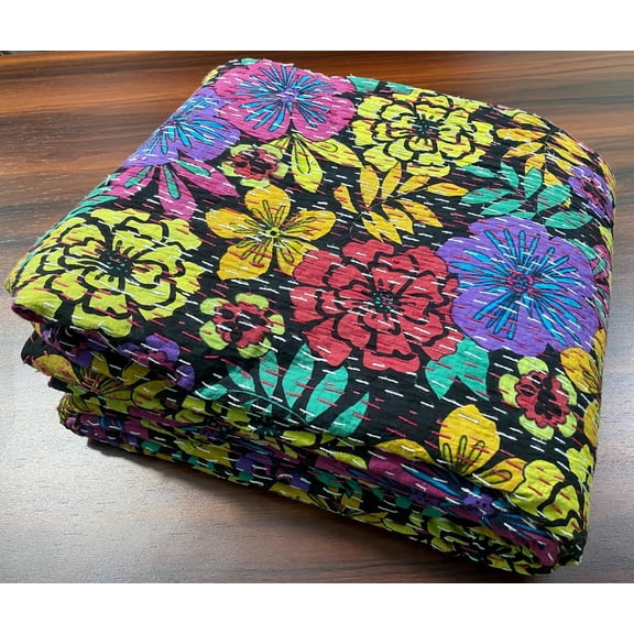 Handmade Black Multicolor Floral Indian Kantha Quilt Indian Cotton Bedspread Lightweight Boho Bedding Throw Blanket