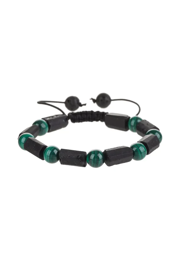 Black Tourmaline Bracelet with Malachite Beads, Handmade Natural Stone Adjustable Bracelet, Men's and Women's Jewelry
