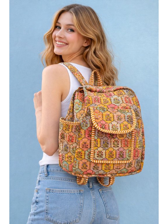 Handmade Block Print Backpack | Quilted Cotton Floral Bag | Boho Fabric Backpack for Travel School