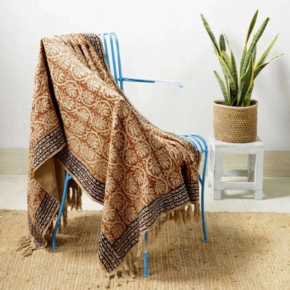 Handmade Block Print Cotton Throw Blanket – Floral Boho Throw with Tassels – Lightweight Decorative Sofa & Bed Cover