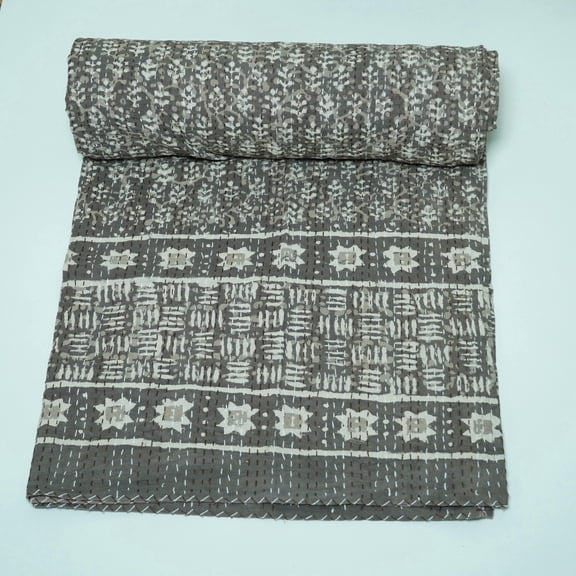 Handmade Block Print Indian Kantha Quilt, Cotton Bedspread, Eco-Friendly Blanket, Soft Lightweight for Cozy Home Decor