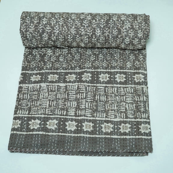 Handmade Block Print Indian Kantha Quilt, Cotton Bedspread, Eco-Friendly Blanket, Soft Lightweight for Cozy Home Decor