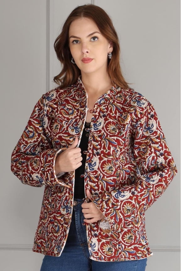 Handmade Block Print Kantha Quilted Jacket: Reversible Boho Coat