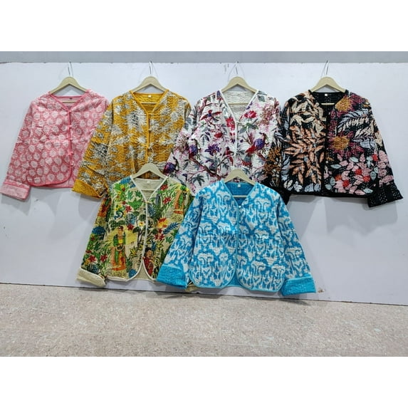 Handmade Block Printed Fashion Jacket Cotton Quilted Bomber Upperwear Coat for Women's (Pack of 6)