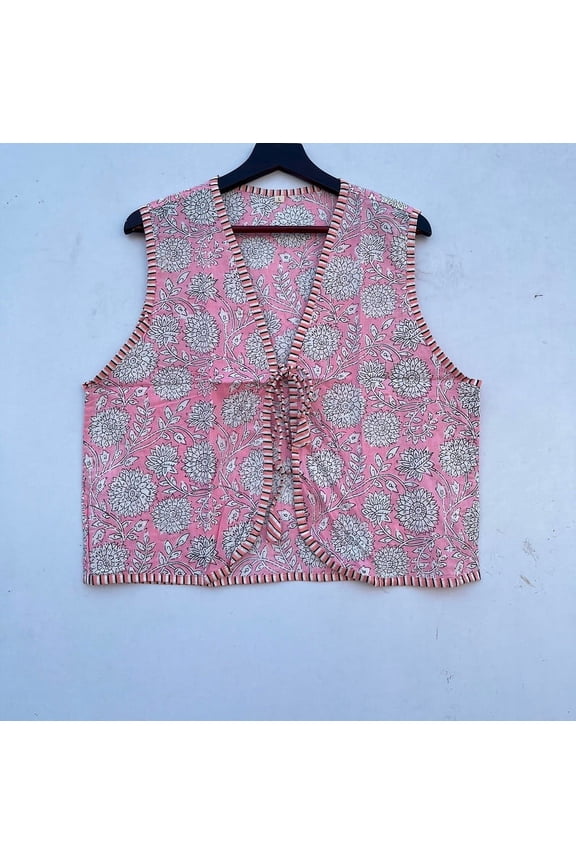 Handmade Block Printed Sleeveless Pink Jacket Cotton Quilted Drawstring Closure Upperwear for Women's