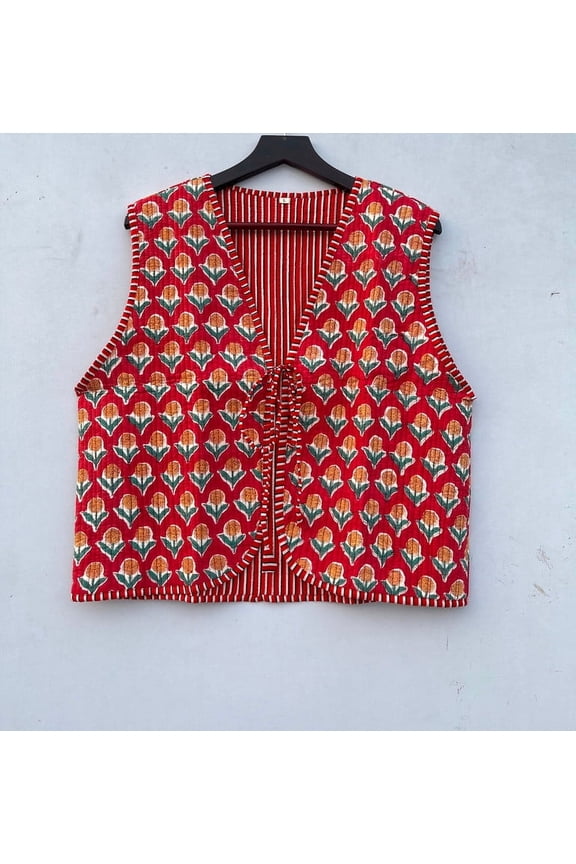 Handmade Block Printed Sleeveless Red Jacket Cotton Quilted Drawstring Closure Upperwear for Women's