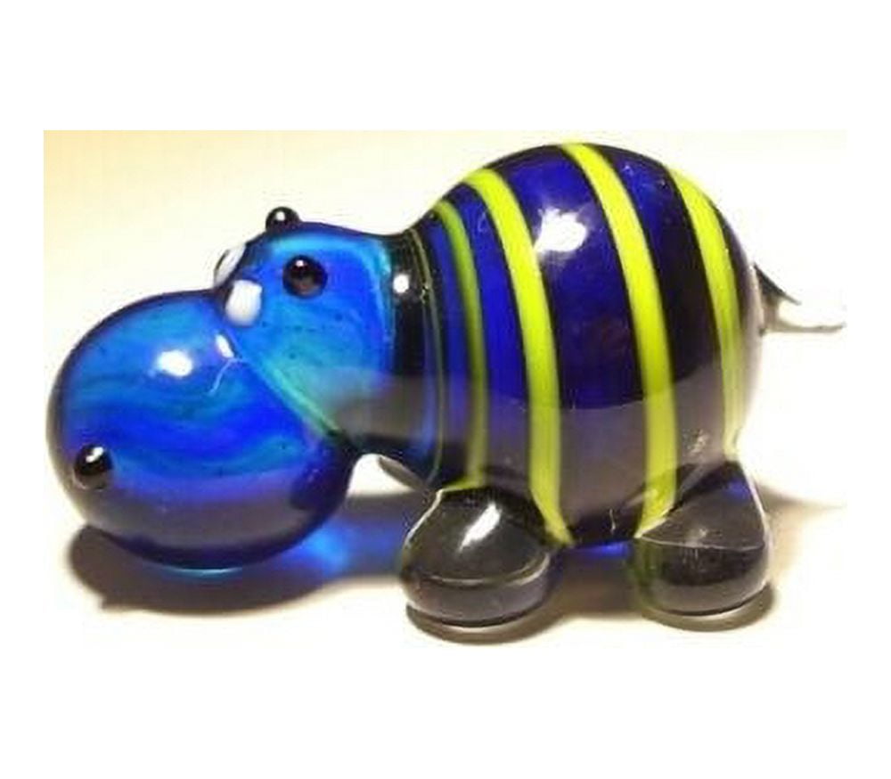 Handmade Blown Glass Art Figurine Small Blue & Yellow Striped Animal Hippopotamus HIPPO