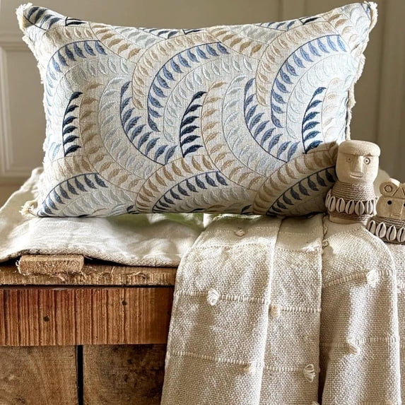 Handmade Blue 12"x24" (30x60 cm) Lumbar Pillow Cover, Linen Embroidery & Lace Oblong Pillow, Floral Pattern Modern Style - Leaf Rustle