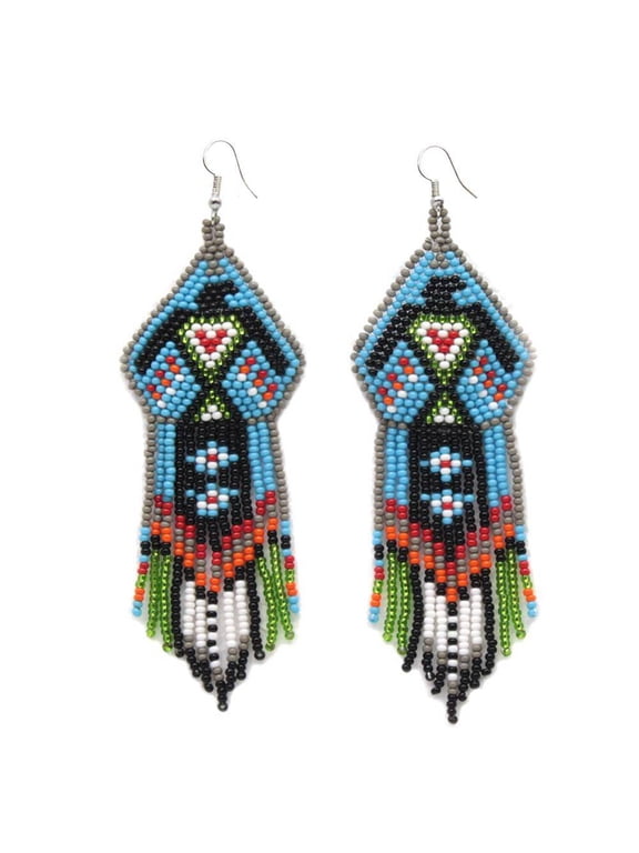 Handmade Blue Black Beaded Eagle Design Hook Earrings
