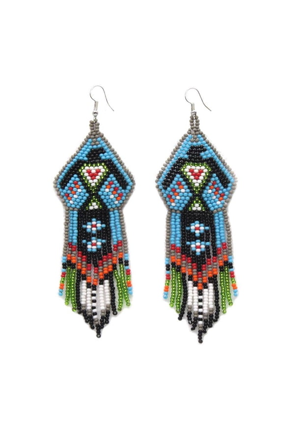 Handmade Blue Black Beaded Eagle Design Hook Earrings