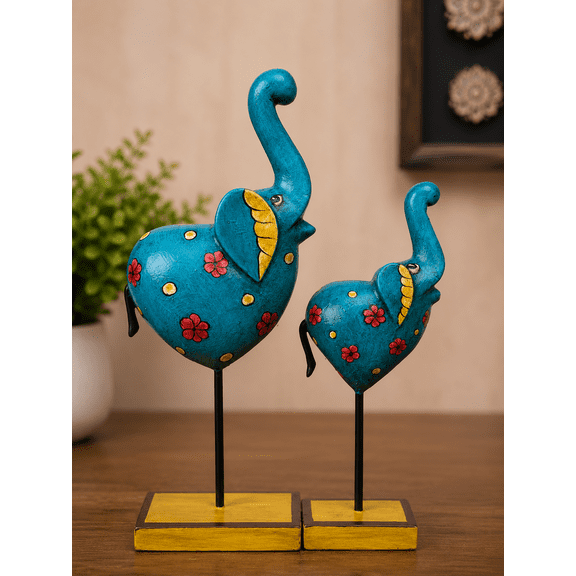 Handmade Blue Elephant Sculpture Set of 2 Hand Painted Folk Art Tabletop Home Decor Figurines