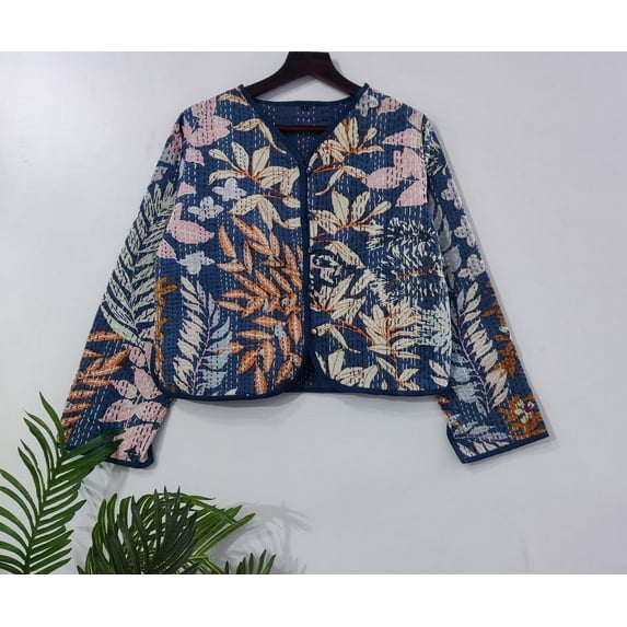 Handmade Blue Floral Block Printed Jacket Cotton Quilted Bomber Upperwear Coat for Women's