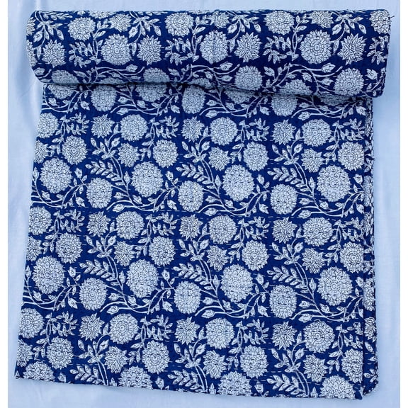 Handmade Blue Floral Indian Kantha Quilt Cotton Block Print Bedspread Boho Vintage BeddingAvailable In Twin, Queen and King Sizes