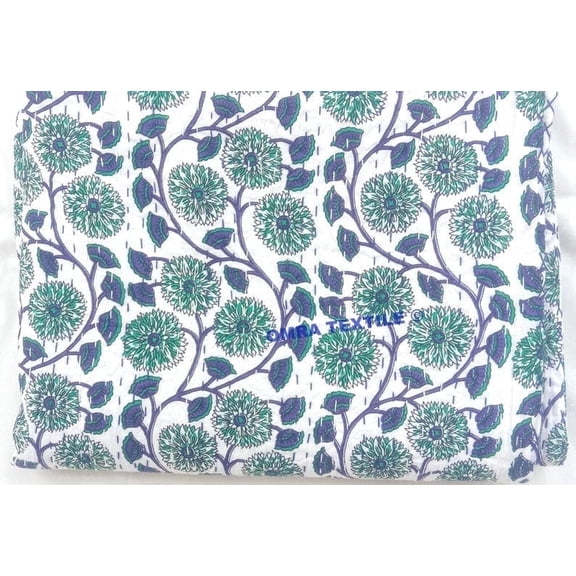 Handmade Blue Green Floral Block Print Indian Kantha Quilt Pure Cotton Bedspread Lightweight Boho Bedding Throw Blanket