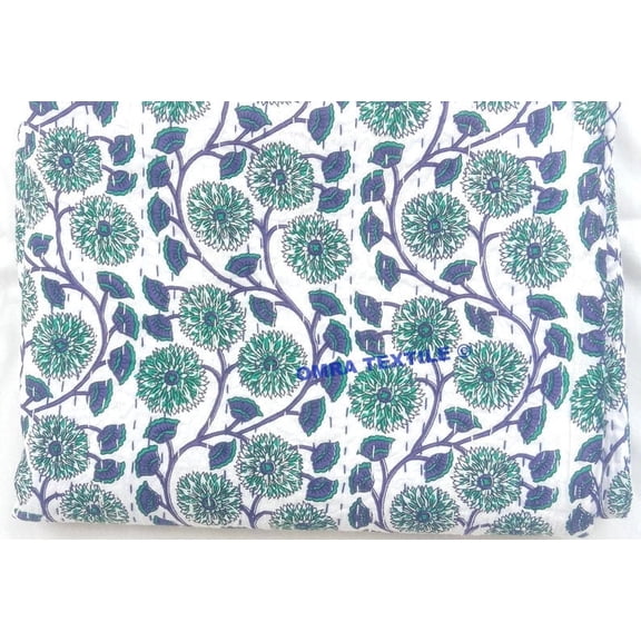 Handmade Blue Green Floral Block Print Indian Kantha Quilt Pure Cotton Bedspread Lightweight Boho Bedding Throw Blanket