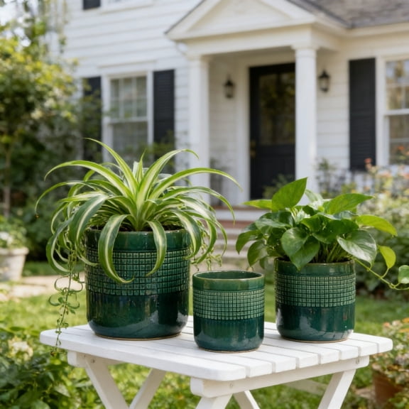 Handmade Blue Green Glazed Ceramic Planter Set of 3 10 8 6 Inch Diameter Square Grid Pattern Breathable Clay with Drainage Holes