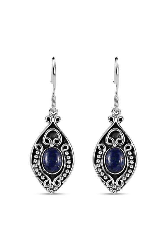 Handmade Blue Lapis Lazuli Boho Drop Dangle Earrings for Women Oxidized 925 Sterling Silver Jewelry Fish Hook Birthday Christmas Gifts for Women