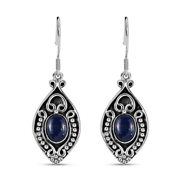 Handmade Blue Lapis Lazuli Boho Drop Dangle Earrings for Women Oxidized 925 Sterling Silver Jewelry Fish Hook Birthday Christmas Gifts for Women